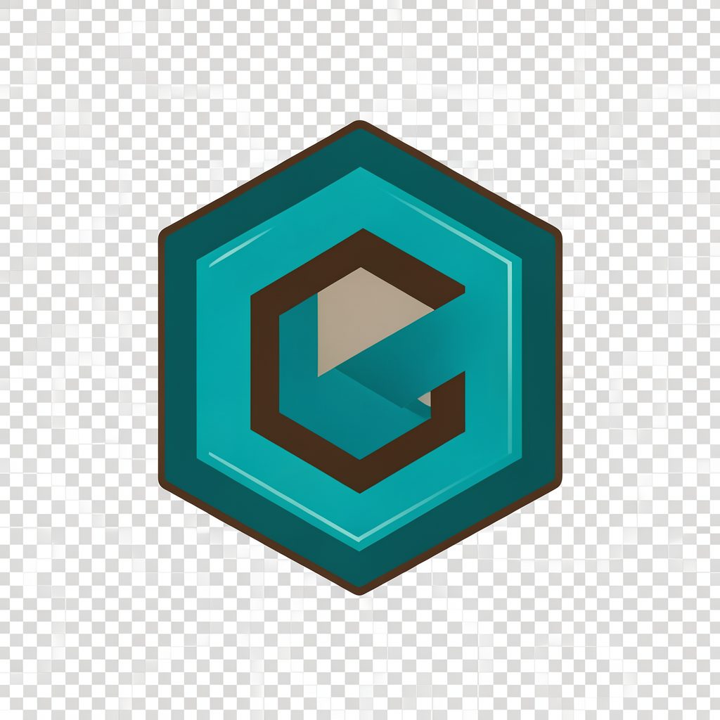 Hexagonal emblem logo with a bold geometric mark in teal and espresso brown, centered on a transparent background.